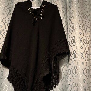 J & W Black Lace Up Hooded Women's Poncho One Size Fits Most. NWT